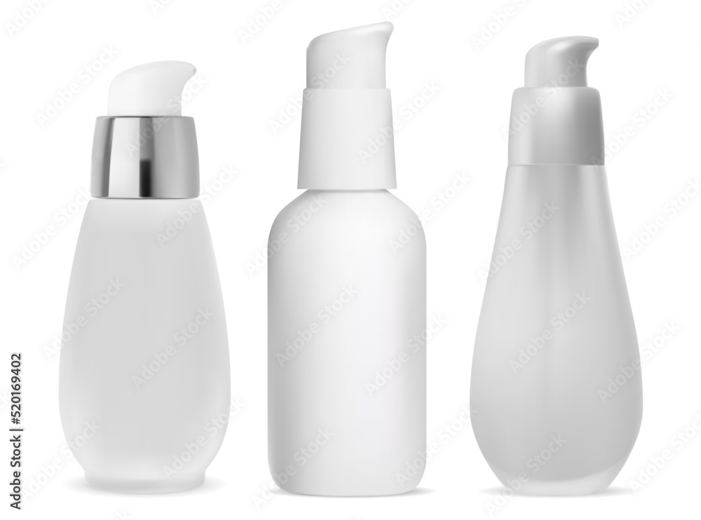 Serum pump bottle. Dispenser container mockup. Skin essence or foundation airless flacon, mini glass jar with face moisturizer. Beauty care packaging mock up, clear vial Serum pump bottle. Dispenser container mockup. Skin essence or foundation airless flacon, mini glass jar with face moisturizer. Beauty care packaging mock up, clear vial