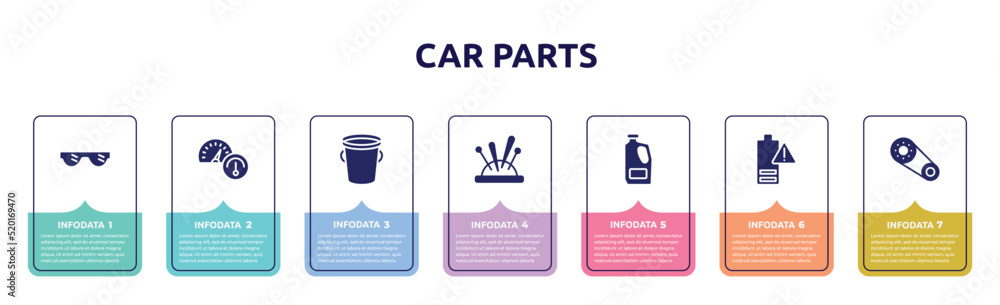 car parts concept infographic design template. included eye protection, oil gauge, water bucket, needle holder, detergent, empty battery, timing belt icons and 7 option or steps.
