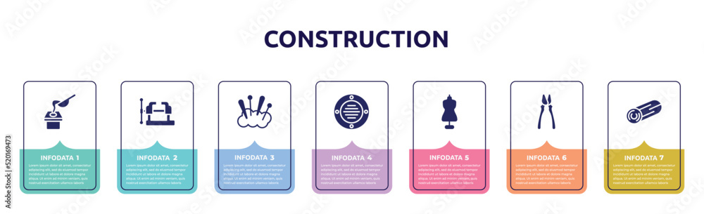 Fototapeta premium construction concept infographic design template. included crucible, vice, cushion, extractor, tailor, clamps, woods icons and 7 option or steps.