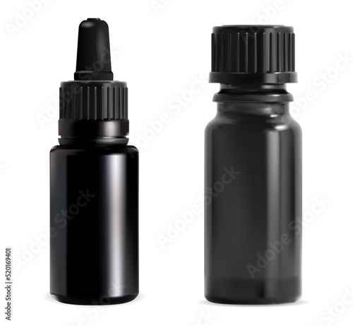 Essential oil bottle set. Black glass dropper vial isolated on white background. Medical container design for serum or essence, eyedropper package with plastic lid. Screw cap apothecary flask