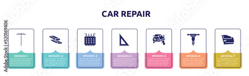 car repair concept infographic design template. included gardening digger, firewood trunks stacked, fuse box, , car painting, hydraulic breaker, car door icons and 7 option or steps.
