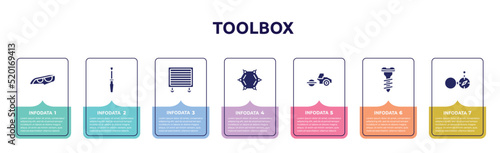 toolbox concept infographic design template. included headlights, repair screwdriver, garage wrench, benzene, steamroller, screw, open compass icons and 7 option or steps.
