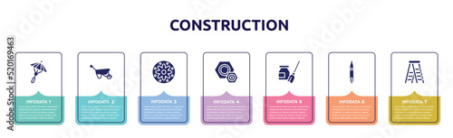 construction concept infographic design template. included japanese umbrella, barrow, applique, knot, turquoise, voltage indicator, stepladder icons and 7 option or steps.