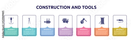 construction and tools concept infographic design template. included puncture, pincers, starter, varnish, woodcutter, copper wire, soldering icons and 7 option or steps.