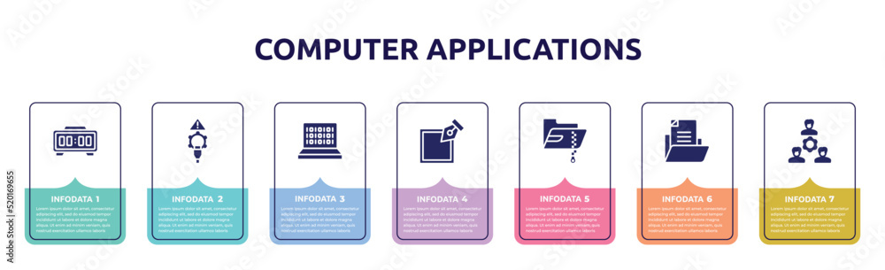 computer applications concept infographic design template. included digital clock, connectivity, binary code, edit tool, compressed file, document file, work team icons and 7 option or steps. computer applications concept infographic design template. included digital clock, connectivity, binary code, edit tool, compressed file, document file, work team icons and 7 option or steps.