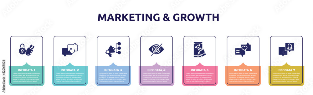 marketing & growth concept infographic design template. included locking, backup, promote, hide, swipe, love message, followers icons and 7 option or steps.