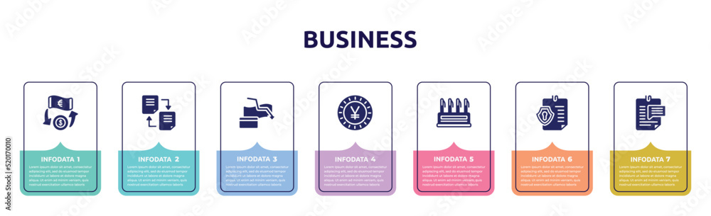 business concept infographic design template. included money transfer, distributed ledger, bankrupt, yen, pen container, permission, enquiry icons and 7 option or steps.