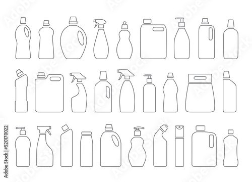 Collection of different cleaning and washing products. Isolated on white background. Modern thin line icons for Web and Mobile.  Vector illustration.