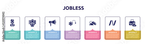 jobless concept infographic design template. included businesswoman, suspect, bullhorn, technical support, gold ingot, nasdaq, burning icons and 7 option or steps.
