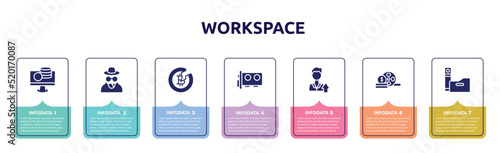 workspace concept infographic design template. included on, spy, halving, video card, high, film strip, folders icons and 7 option or steps.