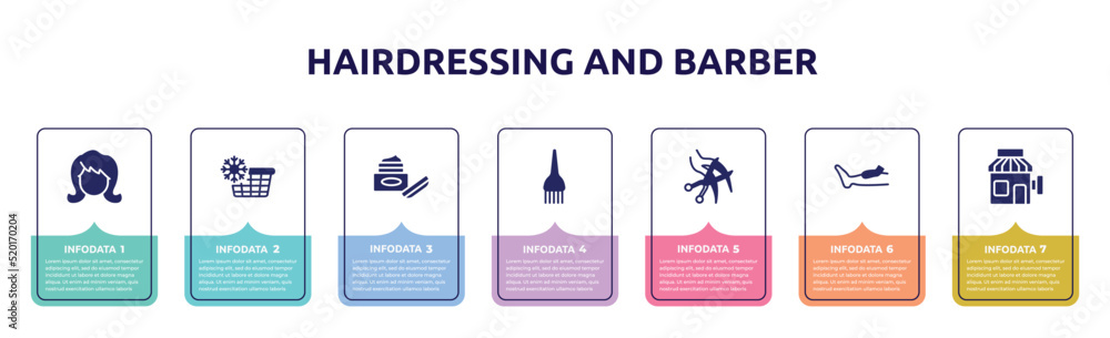 hairdressing and barber concept infographic design template. included woman hair, cold water, skincare, hair dye brush, haircut, waxing, barber icons and 7 option or steps.