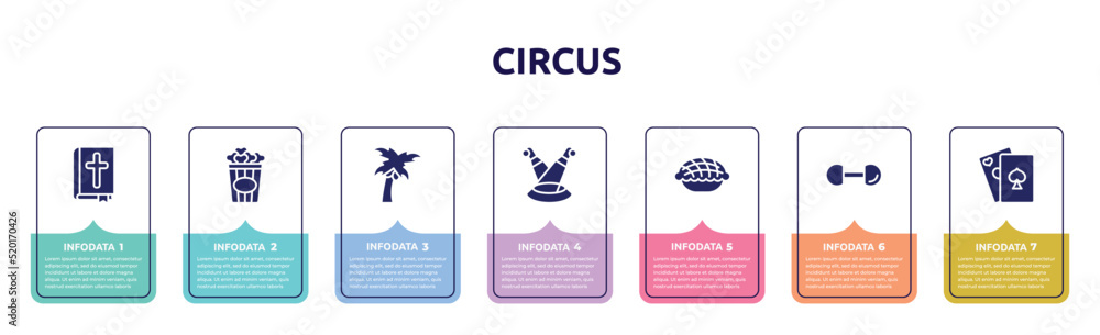 Fototapeta premium circus concept infographic design template. included bible, popcorn, coconut tree, scene, pie, dumbbell, poker icons and 7 option or steps.