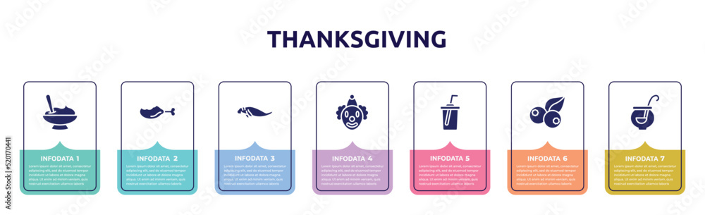 thanksgiving concept infographic design template. included mashed potatoes, leg, sea cow, clown, soda, berries, punch bowl icons and 7 option or steps.