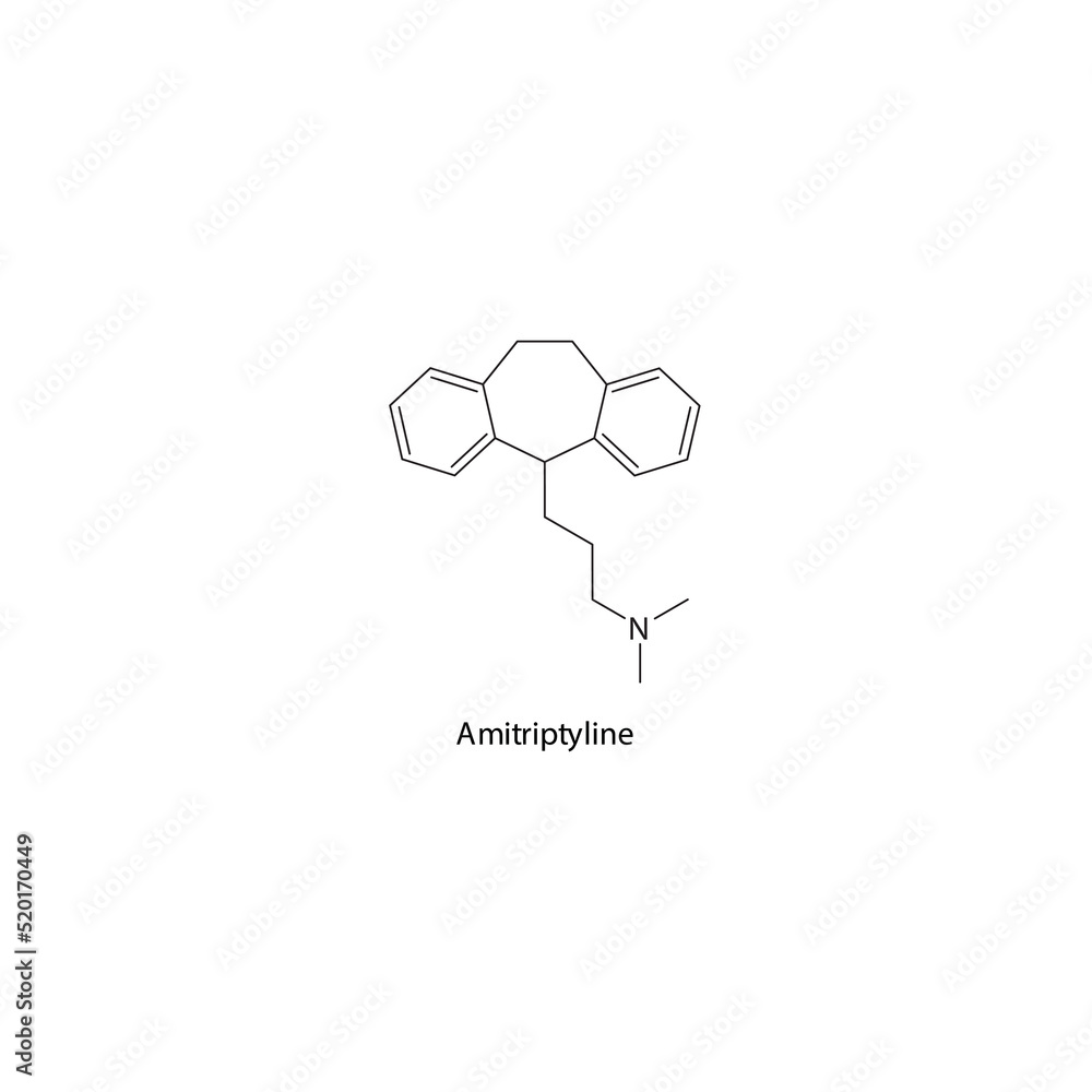 Amitriptyline molecule flat skeletal structure, TCA - Tricyclic antidepressant class drug used in depression treatment. Vector illustration on white background. Amitriptyline molecule flat skeletal structure, TCA - Tricyclic antidepressant class drug used in depression treatment. Vector illustration on white background.