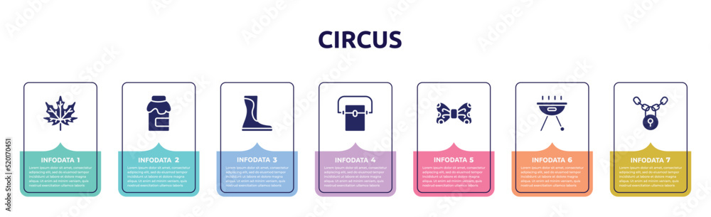 circus concept infographic design template. included fall, jam, wellington, freezer, bow tie, , locks icons and 7 option or steps.