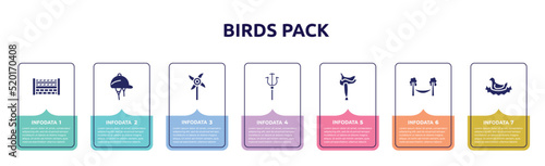 birds pack concept infographic design template. included fence for horses jumps, hat for a jockey, pinwheel, trident, horse saddle, hammock, bird in nest icons and 7 option or steps.