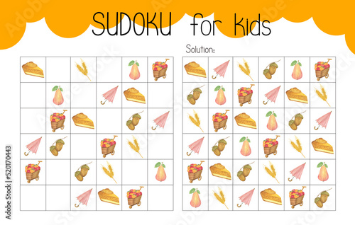 Sudoku educational game or leisure activity worksheet vector illustration, printable grid to fill in missing images, autumn Thanksgiving topical vocabulary, puzzle with its solution, teachers resource