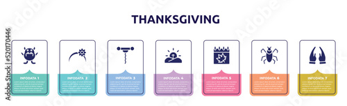 thanksgiving concept infographic design template. included monster, headband, corkscrew, sunrise, autumn, insect, prayer icons and 7 option or steps.