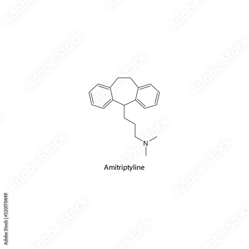 Amitriptyline molecule flat skeletal structure, TCA - Tricyclic antidepressant class drug used in depression treatment. Vector illustration on white background.
