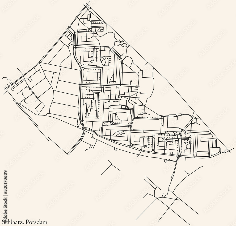 Detailed navigation black lines urban street roads map of the SCHLAATZ DISTRICT of the German regional capital city of Potsdam, Germany on vintage beige background