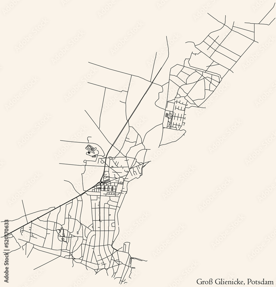 Detailed navigation black lines urban street roads map of the GROSS GLIENICKE DISTRICT of the German regional capital city of Potsdam, Germany on vintage beige background