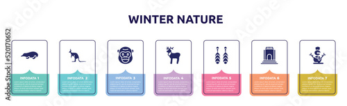 winter nature concept infographic design template. included mole, kangaroo, gorilla, reindeer, earrings, monument, snowman icons and 7 option or steps.