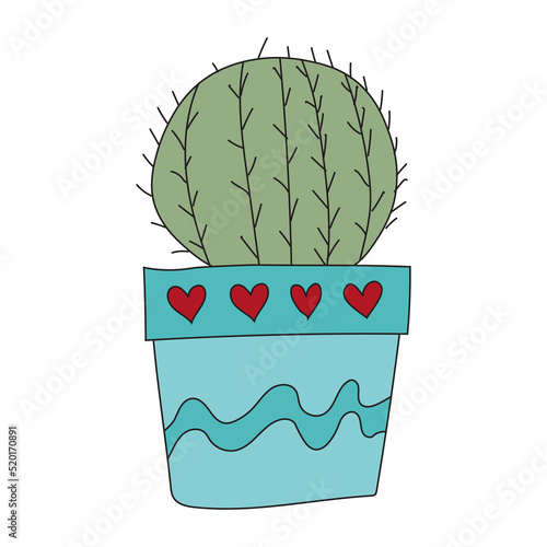 Home plant cactus in a blue pot. Cute vector doodle illustration of house plant