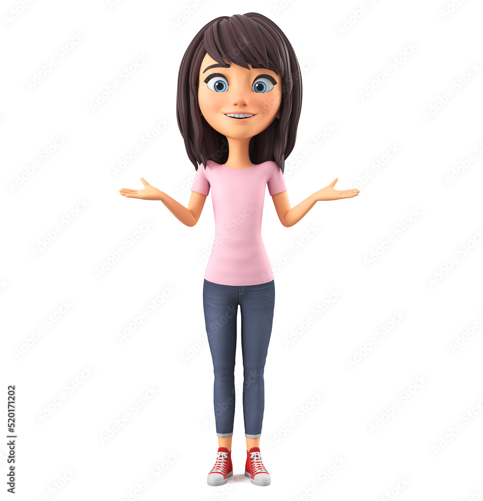 Girl cartoon character in pink t-shirt isolated on white background shrugs shoulders. 3d rendering illustration. Girl cartoon character in pink t-shirt isolated on white background shrugs shoulders. 3d rendering illustration.