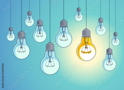 Idea concept light bulbs vector illustration with single one is shining  think different  creativity  be special  leadership.