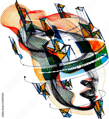 Futuristic idea of digital software soul of machine, spirit of technocratic time evolution period, human head vector illustration made of dotted particle flow array.
