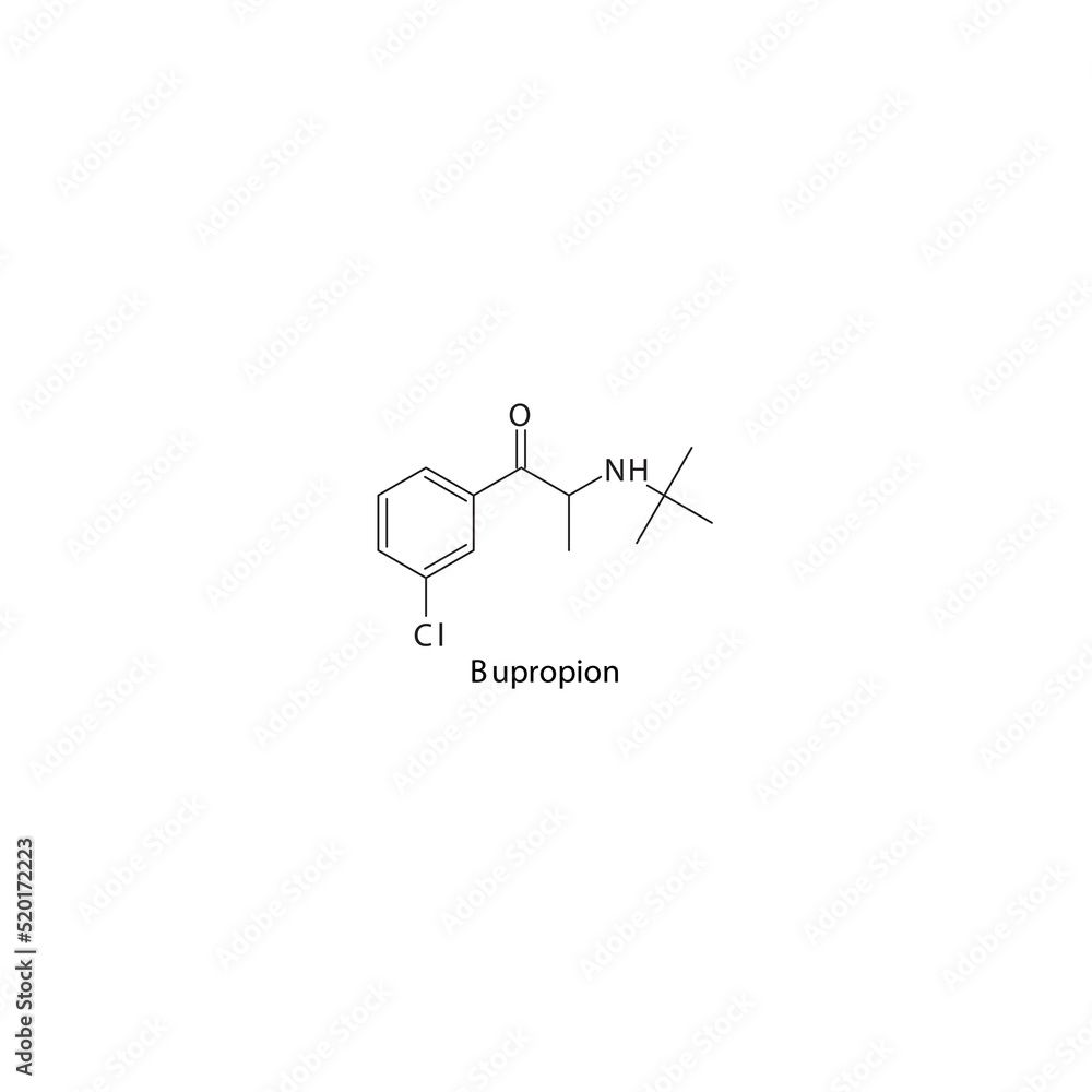 Bupropion molecule flat skeletal structure, NDRI - norepinephrine dopamine reuptake inhibitor class drug used in depression, smoking cesation. Vector illustration on white background. Bupropion molecule flat skeletal structure, NDRI - norepinephrine dopamine reuptake inhibitor class drug used in depression, smoking cesation. Vector illustration on white background.