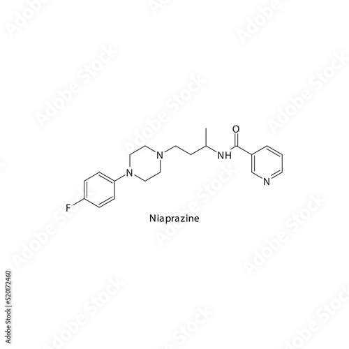 Niaprazine molecule flat skeletal structure, SARI - Selective serotonin reuptake inhibitor class drug used in sleep disturbances treatment. Vector illustration on white background.