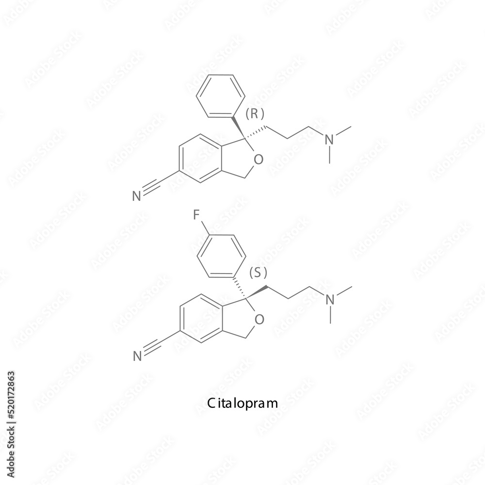 Citalopram molecule flat skeletal structure, SSRI - Selective serotonin ...