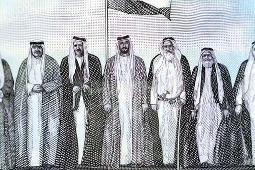 Billede på lærred The seven founding fathers of UAE United Arab Emirates with flag after signing t