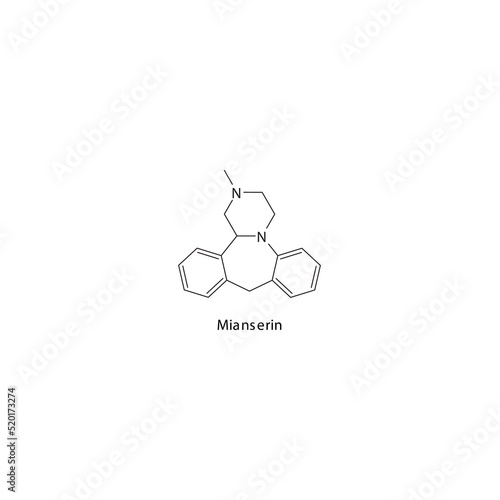 Mianserin molecule flat skeletal structure, TeCA - Tetracyclic antidepressant class drug used in depression treatment. Vector illustration on white background.