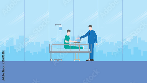 Workaholic, work hard, overwork, busy, tired, overtime and deadline concept. A boss assigns tasks to a sick employee patient, using a laptop on a hospital bed with a saline solution medical drip bag.