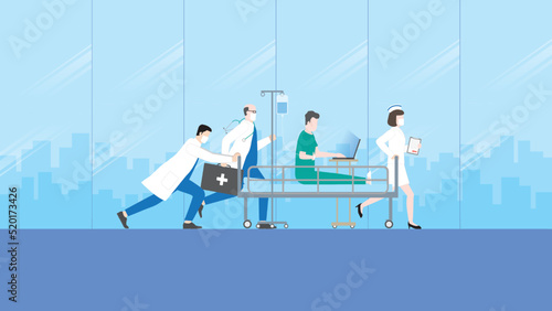 Workaholic, work hard, busy, rush, deadline and overwork concept. An emergency sick patient working by laptop on a hospital bed with urgent case medical team staff, doctor nurse, health care checking.