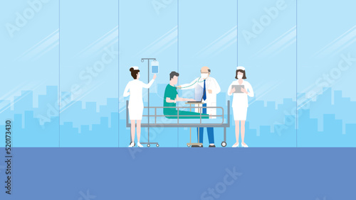 Workaholic, work hard, overwork, busy, and overtime concept. A sick business patient working by laptop on a hospital bed with medical team staff, doctor, nurse, health care check, and saline drip bag.