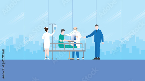Workaholic, work hard, overwork and deadline concept. A boss assigns tasks to sick employee patient, using a laptop on a hospital bed with medical team staff, doctor, nurse, health checking treatment.