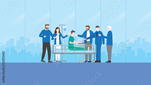 Workaholic, work hard, overwork, busy, overtime and deadline concept. Client and boss assign tasks to a sick employee patient, using a laptop on a hospital bed with a saline solution medical drip bag.