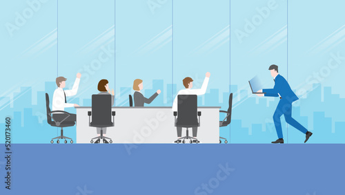 Hurry up, rush hour and urgent job. Businessman works by laptop and runs to office meeting room. Teamwork enjoying a job together, boss, cheerful employees, work hard, deadline project and workaholic.