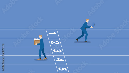 Compete position, contest and 
compare performance concepts. Hard-working, diligent, businessman run on a race track from a start line, fired loser unemployment ending job. economic downturn lay off.