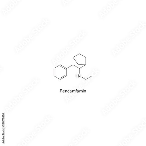 Fencamfamin molecule flat skeletal structure, Psychostimulant, amphetamine -  class drug used in day time fatigue, lethargy treatment. Vector illustration on white background.