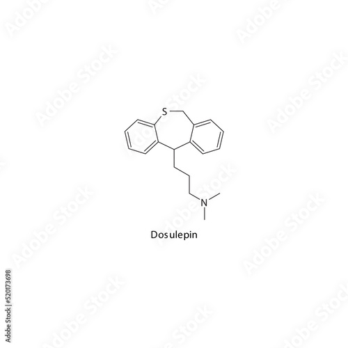 Dosulepin molecule flat skeletal structure, TCA - Tricyclic antidepressant class drug used in depression treatment. Vector illustration on white background.