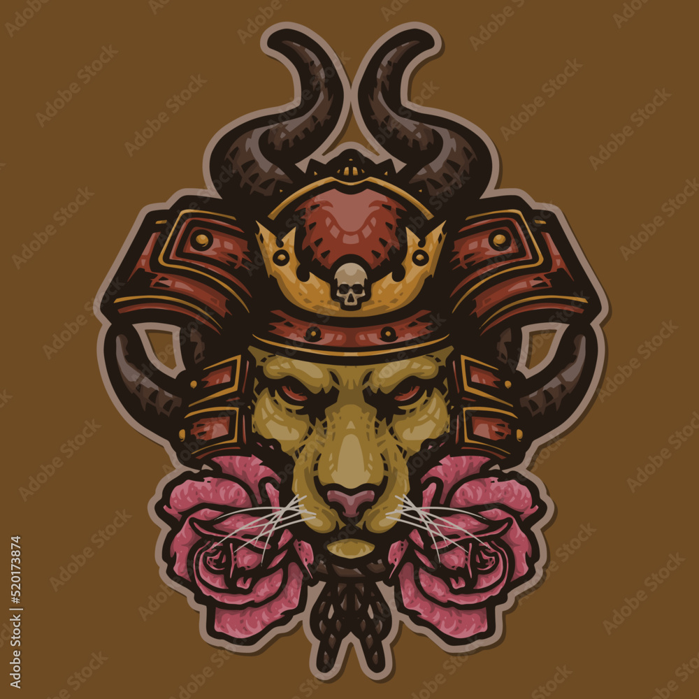 Fierce Lion Samurai Ronin Warrior with Rose Flower Mascot Vector Logo Illustration
