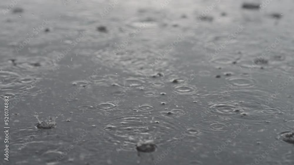 Slow motion closeup of summer heavy rain drops falling into puddles on asphalt Slow motion closeup of summer heavy rain drops falling into puddles on asphalt