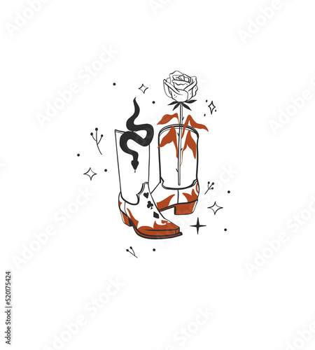Hand drawn abstract vector graphic clipart illustration boho cowgirl rodeo boots.Western female design concept.Bohemian wild west contemporary art.Cowboy girl modern drawing.American cowgirl logo.