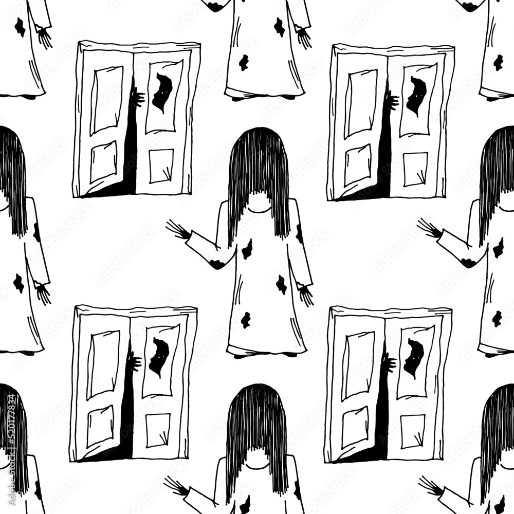Scary girl in old nightie with long black hair and open door with