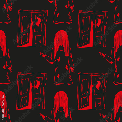 Scary girl in old nightie with long black hair and open door with monster hand and eyes in the dark. Pattern of girl from a horror movie. Horror halloween background. Halloween concept.