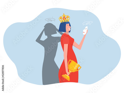 Imposter syndrome Woman queen take award  with shadow  Anxiety and lack of self confidence at work,the person fakes is someone else concept